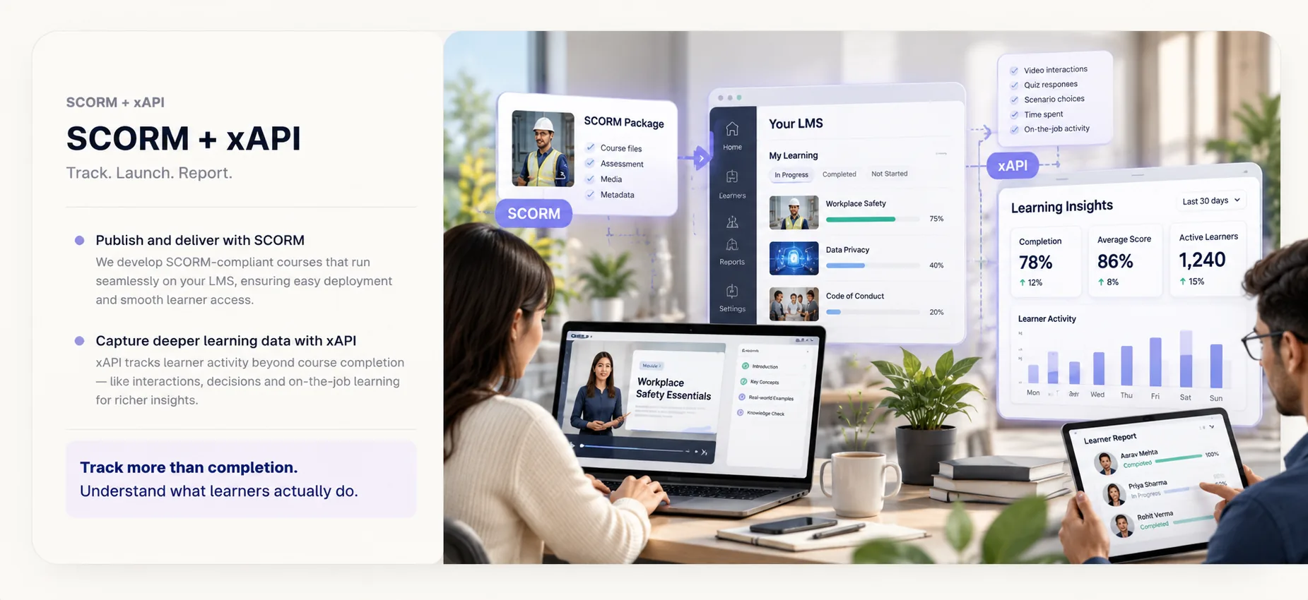 SCORM and xAPI service showcase showing course launch, LMS delivery, learner tracking and analytics reporting