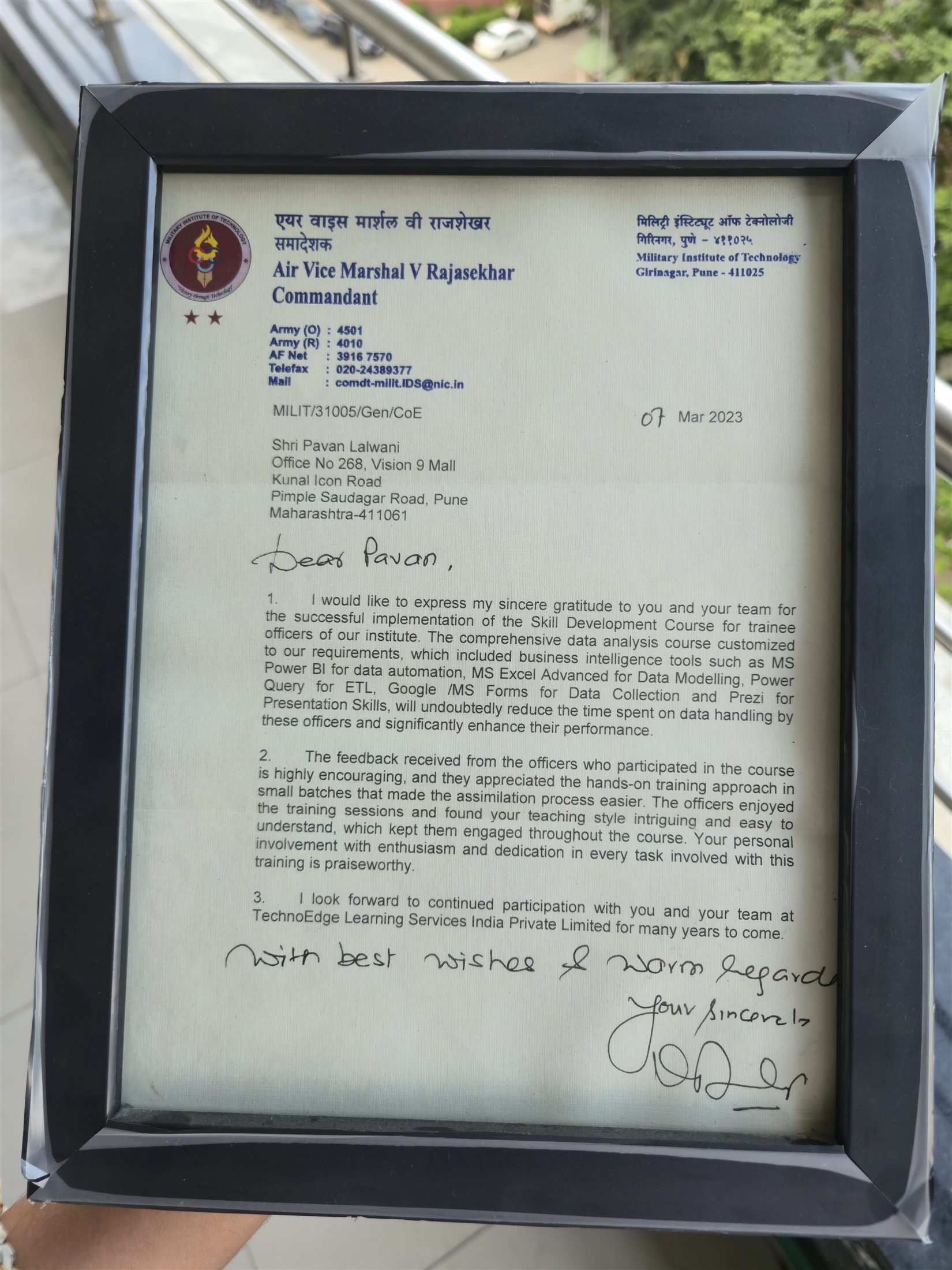 Framed appreciation letter from Military Institute of Technology for a TechnoEdge skill-development course