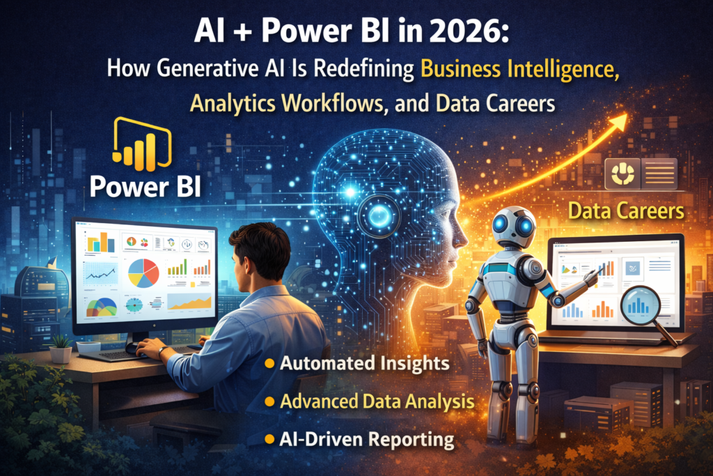 AI-powered Power BI dashboard in 2026 showing Generative AI insights, Microsoft Copilot assistance, anomaly detection, predictive analytics, and conversational reporting interface.