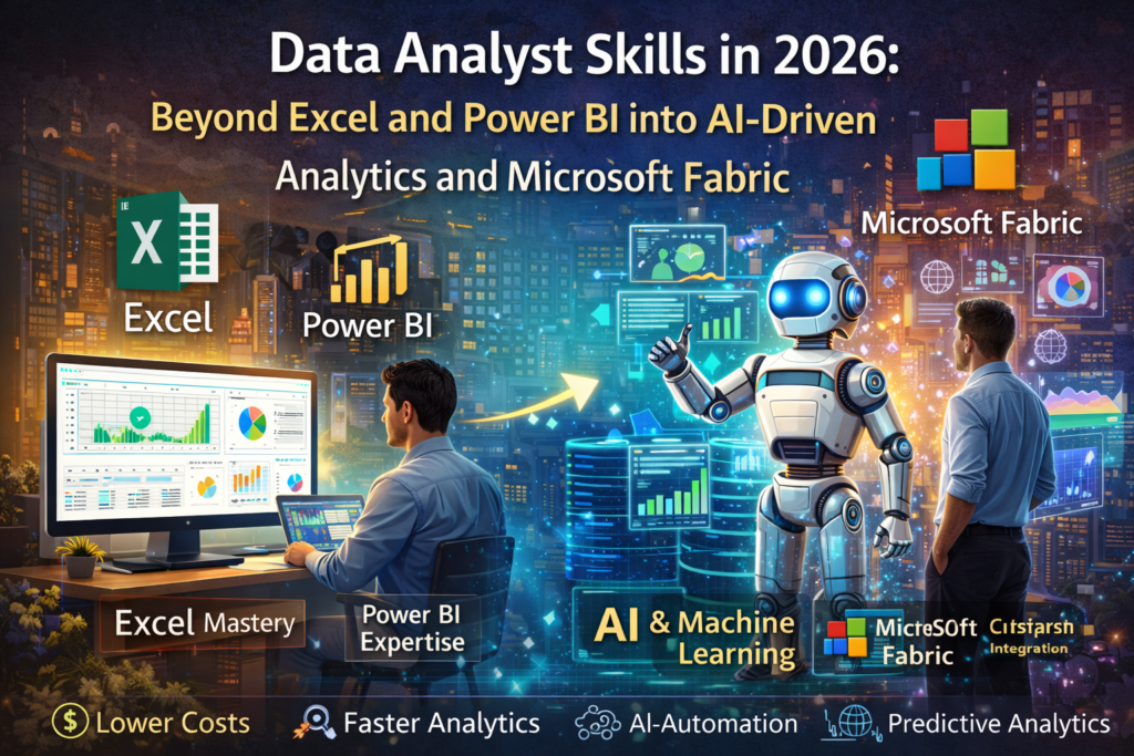 Modern data analyst in 2026 working with AI-powered Power BI, Microsoft Fabric lakehouse architecture, SQL modeling, governance controls, and real-time analytics dashboards.