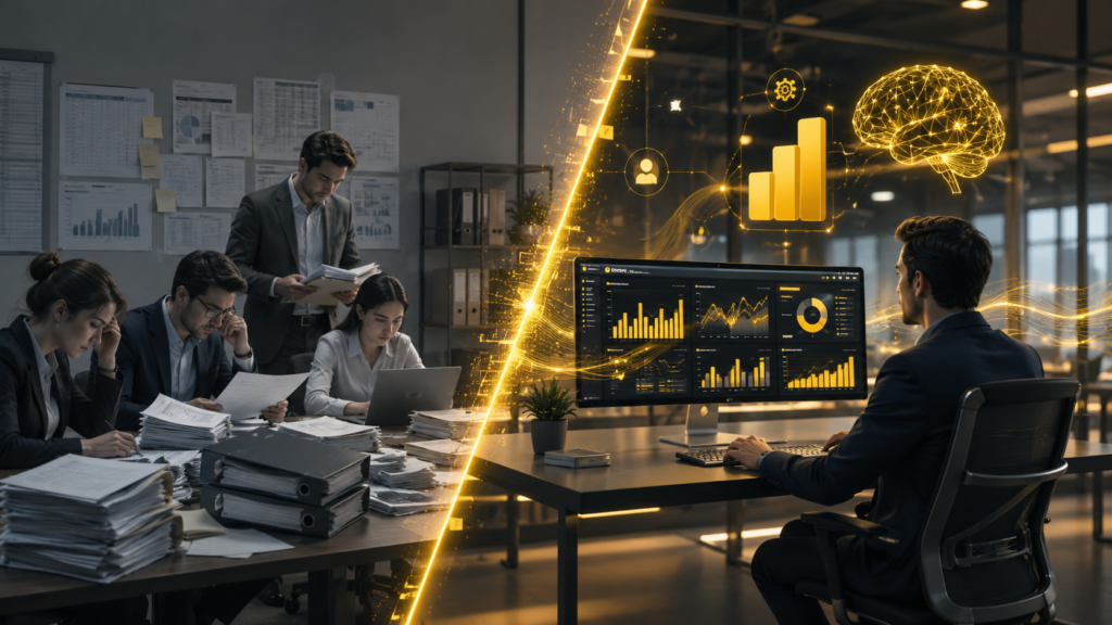 AI-powered Power BI expert analyzing automated business dashboards and real-time analytics while replacing traditional reporting teams in a modern corporate office environment.