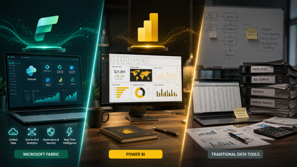 Comparison of Microsoft Fabric, Power BI, and traditional data tools displayed on modern business analytics dashboards in a corporate technology environment.