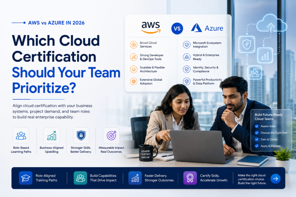 Business team reviewing cloud training priorities between AWS and Azure certifications.