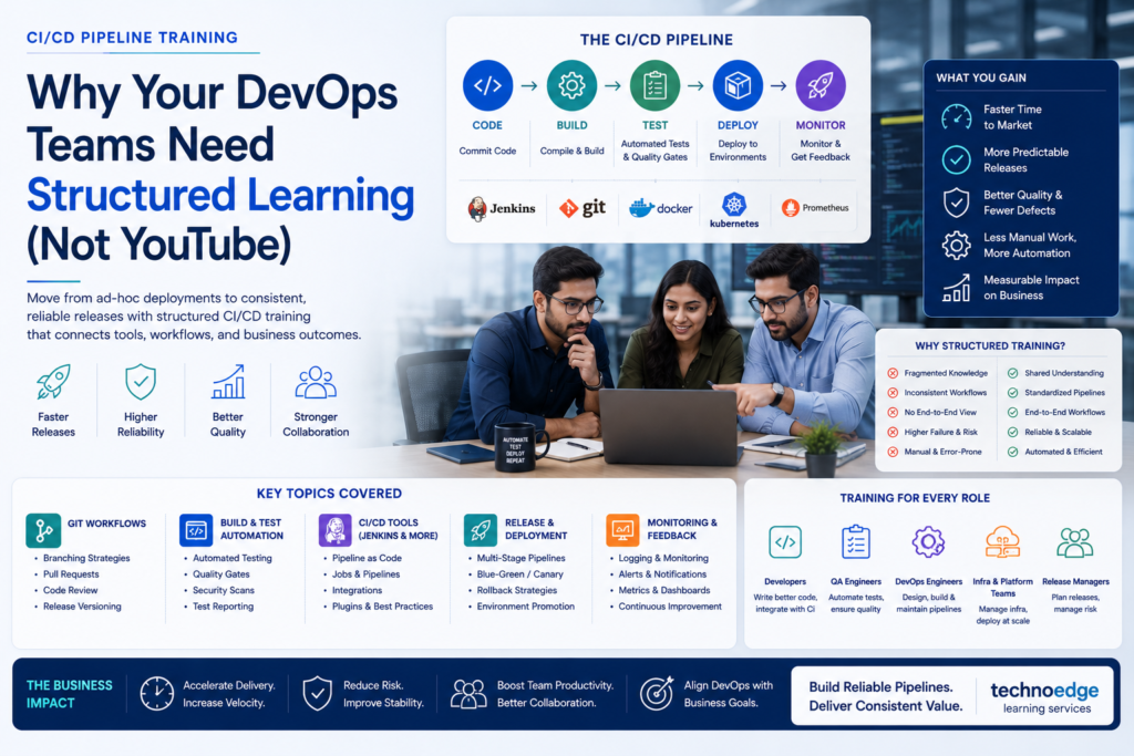 Professionals learning CI/CD pipeline design with hands-on labs instead of watching YouTube tutorials.